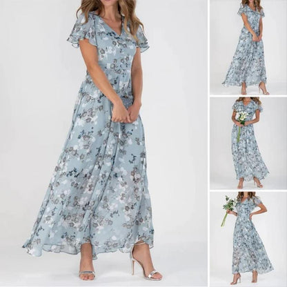 👗Kortärmad lång klänning med blommönster