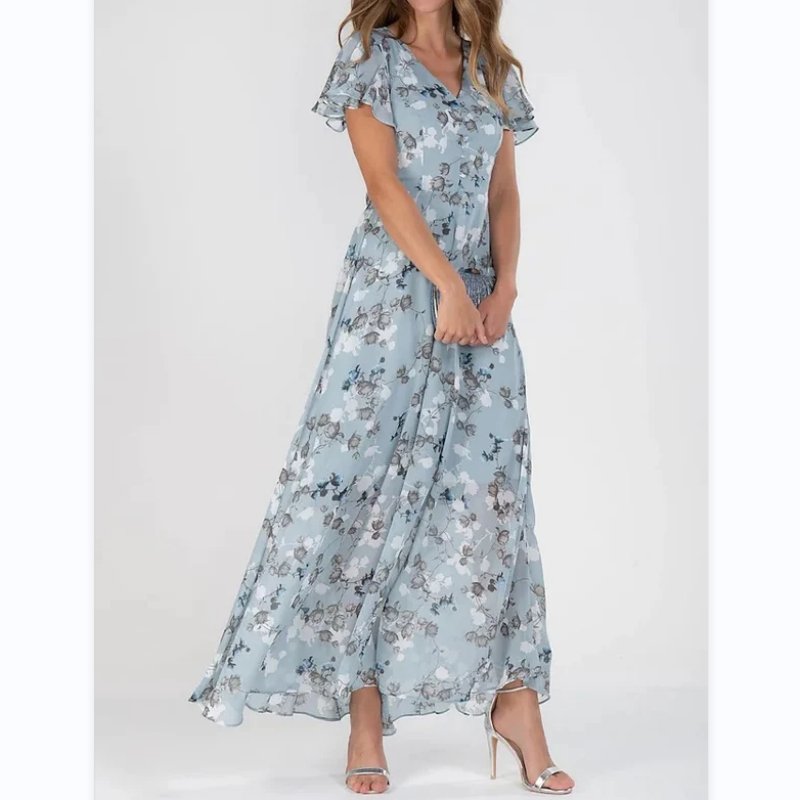 👗Kortärmad lång klänning med blommönster